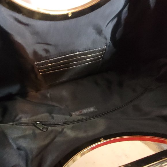 Style and Co Evening Bag Flat Black Gold Magnetic Close Handles 13 x 10.5 Inches - Picture 7 of 8